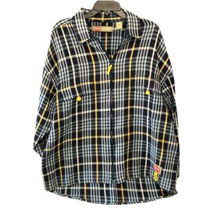 R Brand Durable Construction Plaid Over Shirt  Yellow Blue Front Zip Up Pockets